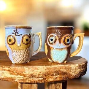 Vintage 90’s Gibson Home Owl Mugs Set of 2 Stoneware Raised Embossed